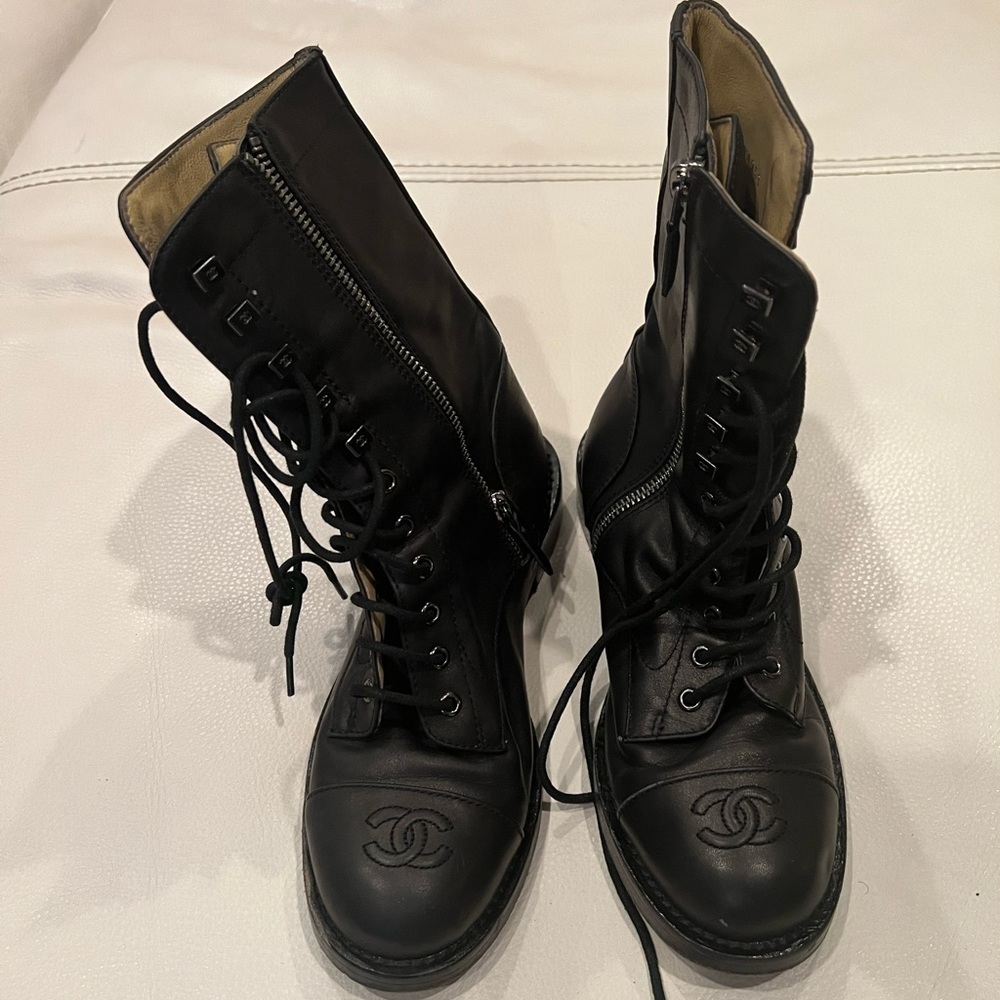 Chanel Black Combat Boots REV Leather Biker Lace Up Coco